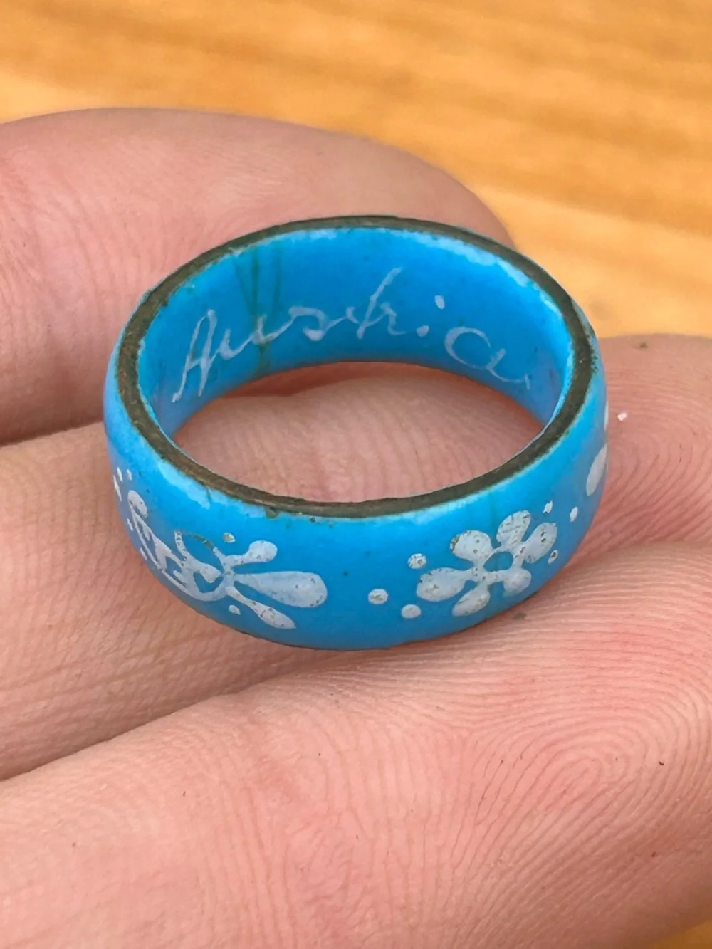Vintage Austria Blue Enamel Floral Band Ring White Folk Art Boho Jewelry